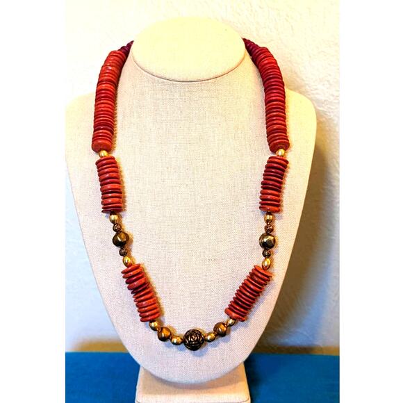 Vintage Tribal Red Coco Wood Gold Tone Rose Bead Hook Closure Necklace - Picture 1 of 7